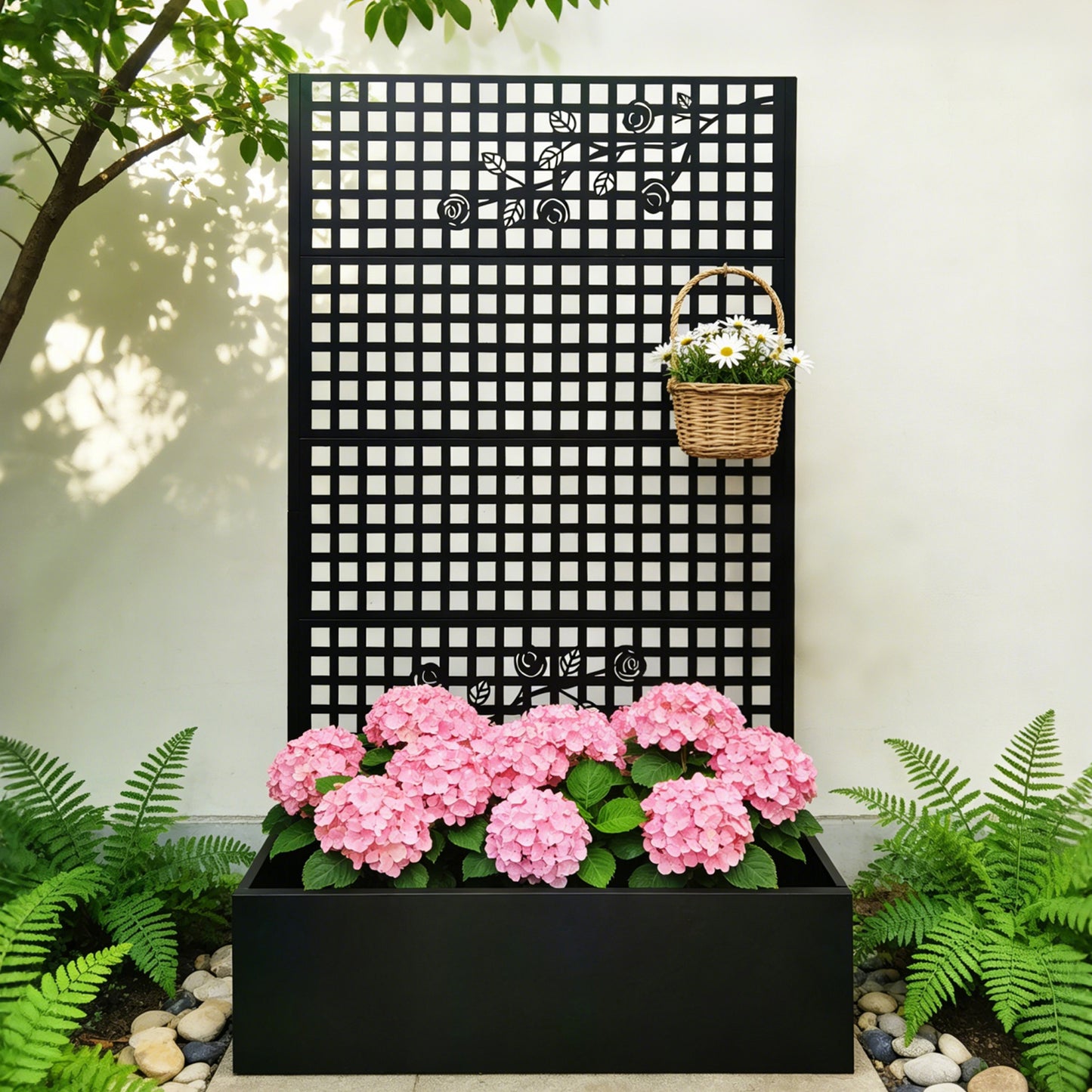 Metal Planter Box With Trellis 70.9in H X 43.3in W X 15.8in D - Outdoor Raised Garden Bed With Privacy Screen Lattice Panels For Patio Decoration For Backyard Patio Balcony, Rose Black