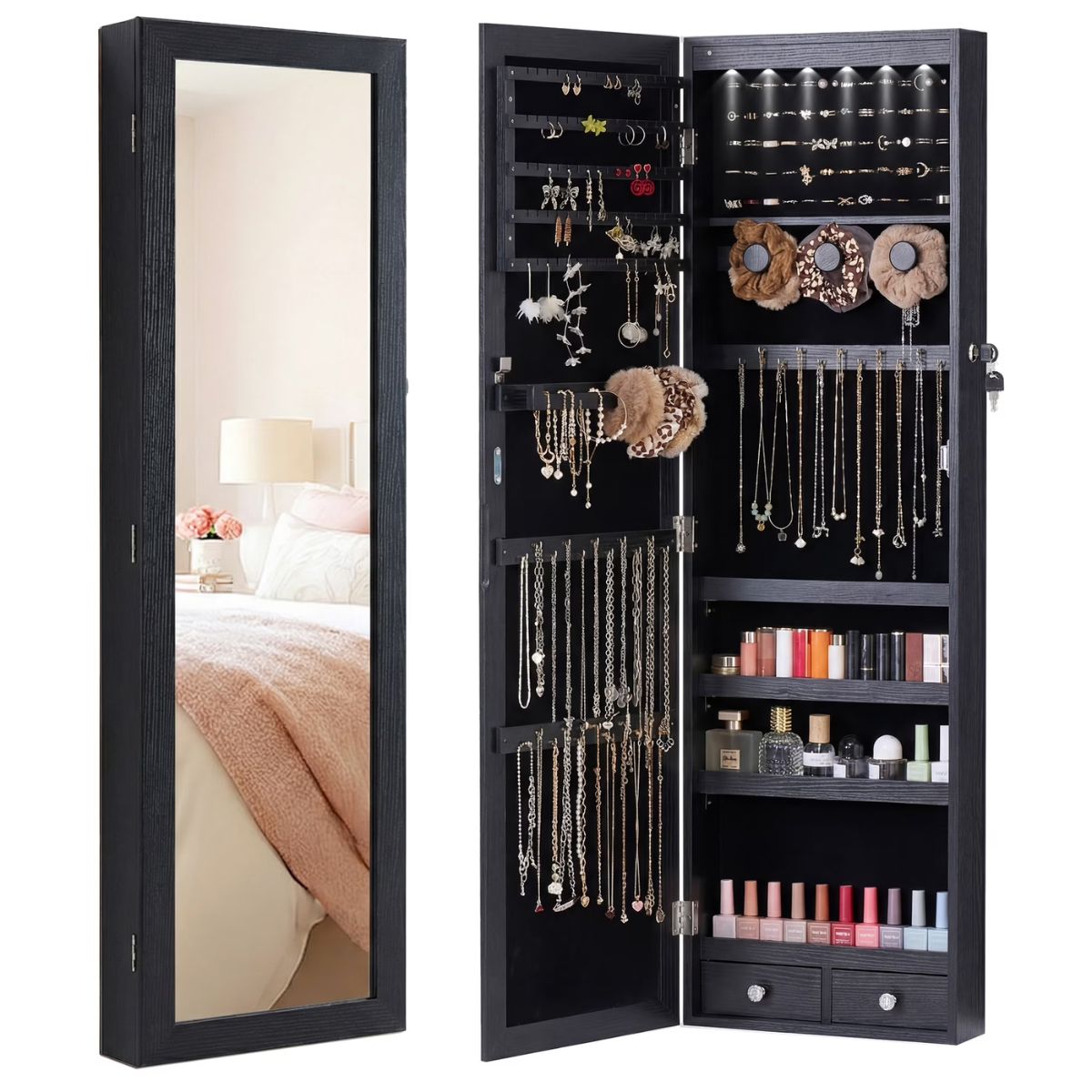 Full-Length Mirror Jewelry Armoire With 6 LED Lights, Wall-Mounted Large, Cosmetics Storage Space, Three Colors