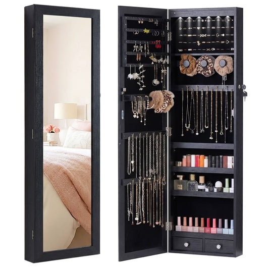 Full-Length Mirror Jewelry Armoire With 6 LED Lights, Wall-Mounted Large, Cosmetics Storage Space, Three Colors