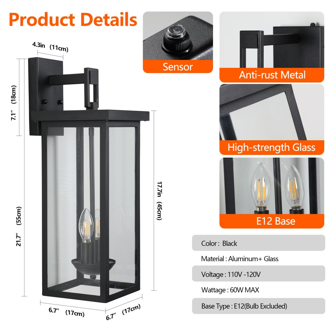 2-Pack 22.0  Outdoor Wall Lantern With Dusk To Dawn Sensor, Matte Black Finish, Clear Glass Panels, Weatherproof Exterior Light For Porch, Patio, Garage, 2-Light Design -Bulb Not Included