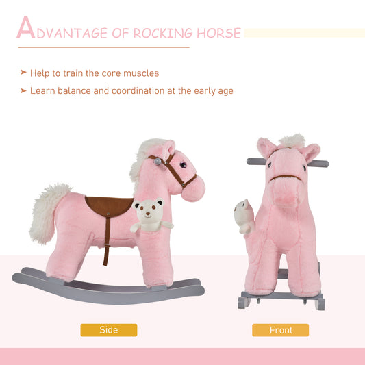 Kids Plush Ride-On Rocking Horse With Bear Toy, Children Chair With Soft Plush Toy & Fun Realistic Sounds, Pink