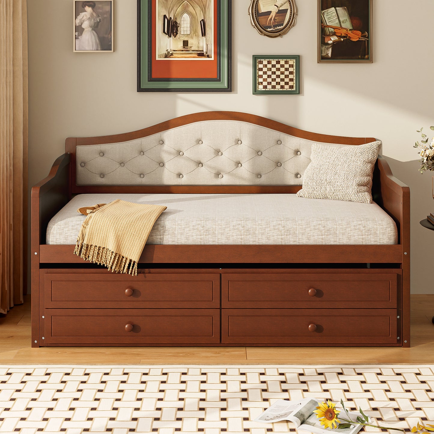 Twin Daybed With Trundle, Twin Size Daybed With 2 Storage Drawers, Wooden Sofa Bed With Upholstered Button Tufted Backrest For Living Room, Bedroom, Guest Room,Walnut