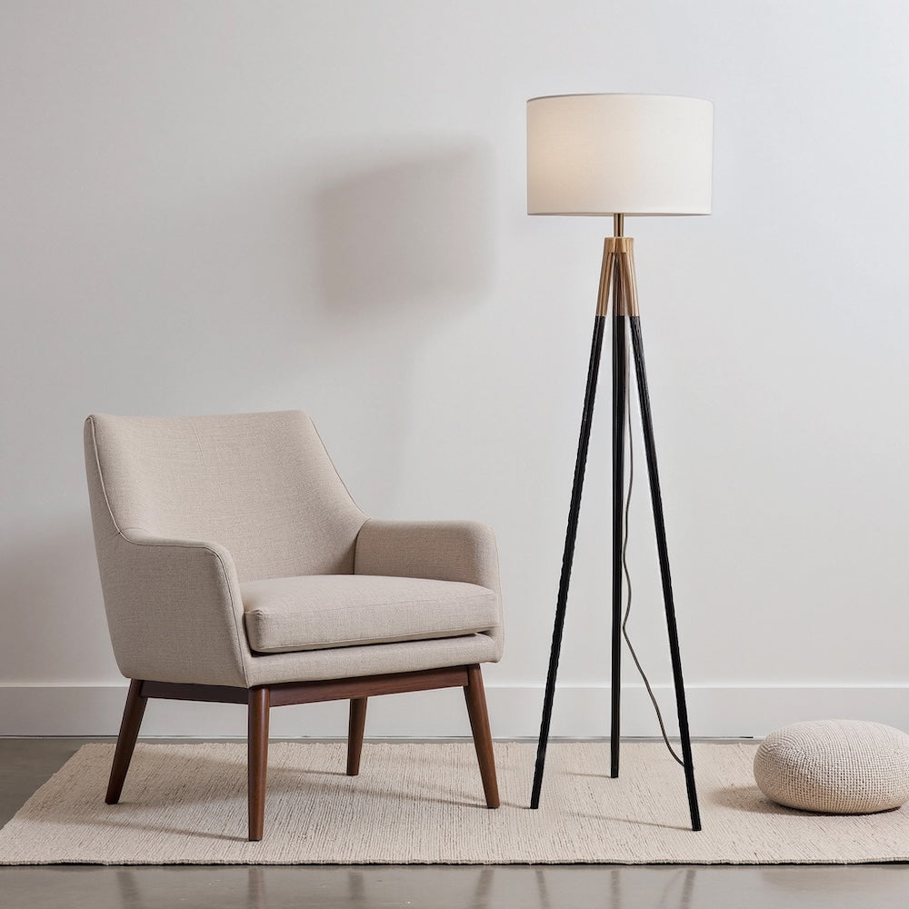 Sway Brassed Gold Floor Lamp With On Off  Triple Legs White Fabric Shade