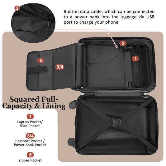 Luggage Sets 5 Piece With Half-opening, Hardside Carry On Suitcase Set With Double Spinner Wheel, Lightweight Travel Luggage With USB Port,TSA Locks