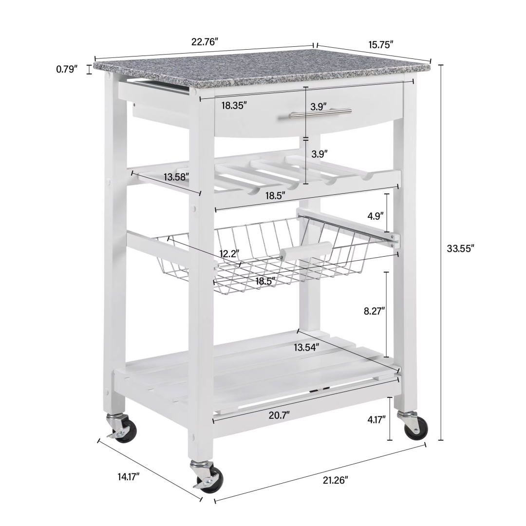 Mobile Rolling Kitchen Island Trolley Serving Cart With Underneath Drawer & Slide-Out Wire Storage Basket