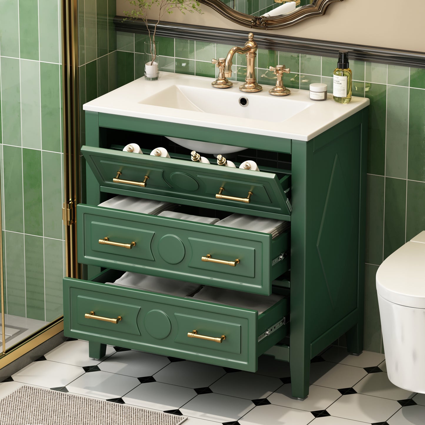 30   Bathroom Vanity With Ceramic Sink Combo, Free Standing Single Vanity Set With 3 Drawers, Solid Wood Frame Bathroom Storage Cabinet, Green