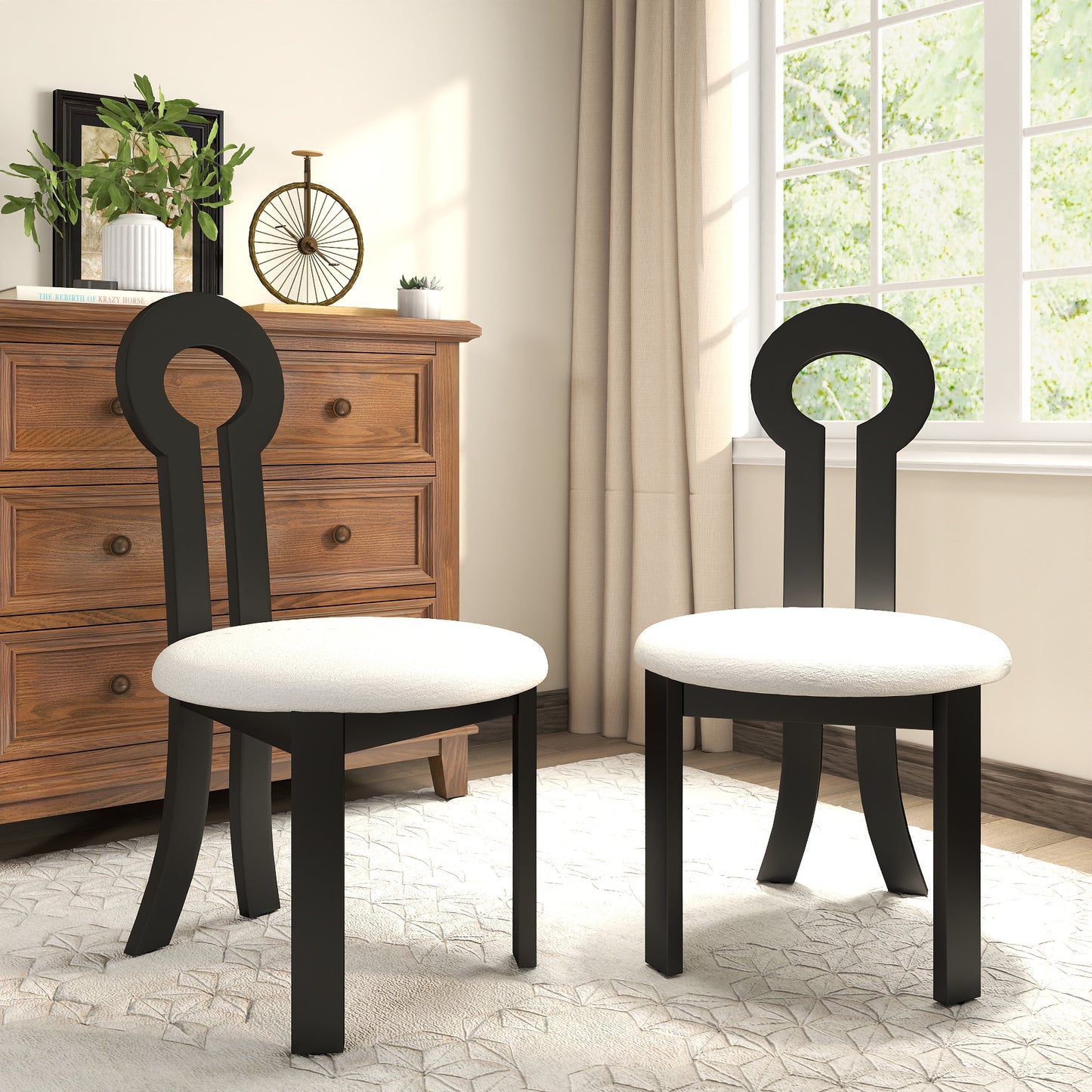 Vintage Rubber Solid Wood Dining Chair, Sheep Plush Dining Chair, Armless Dining Chair, Suitable For Small Home Dressing Room Model Room, Black Set Of 2