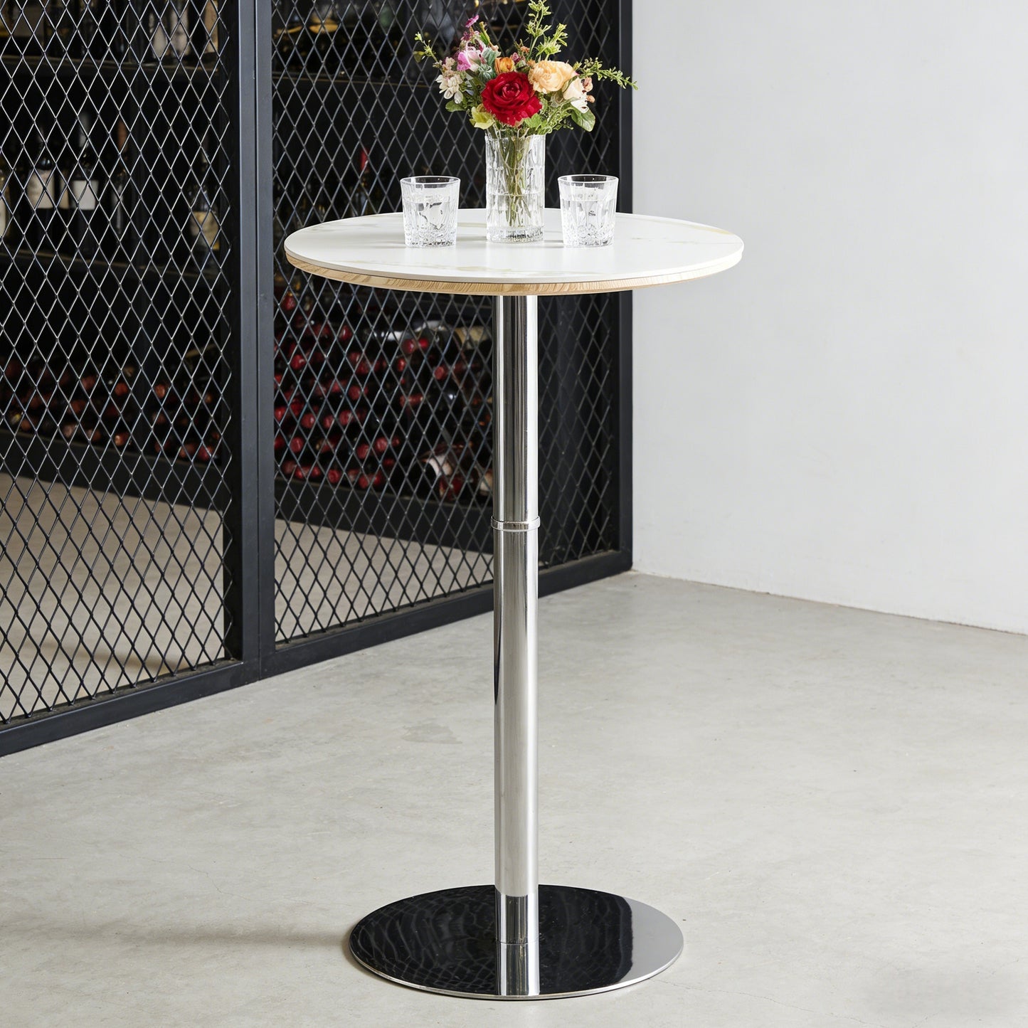 Rock Slab Circular Tabletop Non Adjustable  39 Inches High  Bar Table, Bar Table With Silver Legs And Base  White