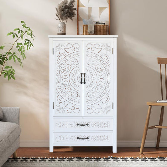 27  Accent Tall Tower White Storage Cabinet - Rustic Wood Sideboard Pantry Cabinet - Versatile Buffet Cabinet With Storage For Home Decor And Organization Chic Cabinet With Two Doors And Two Drawers