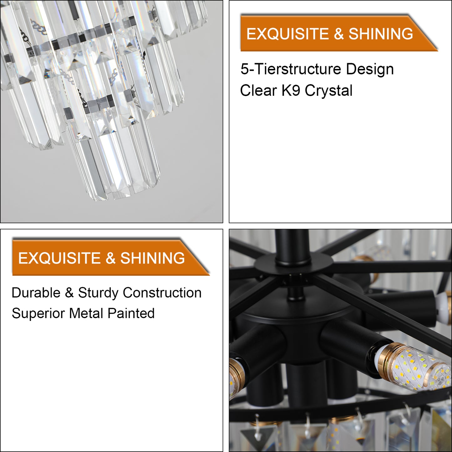 20  Black Crystal Chandelier Ceiling Light, Modern Luxury 10-Light Flush Mount Light Fixture, Elegant Home Lighting For Living Room, Dining Room, Bedroom  No Bulbs