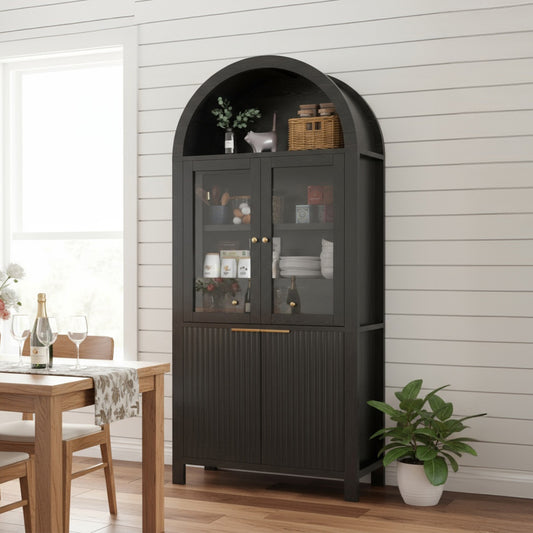 71  Fluted Tall Arched Pantry Cabinet With Adjustable Shelves, Elegant Display Storage With Hidden Drawer & Glass Door For Kitchen, Living Room, Dining Room, Black