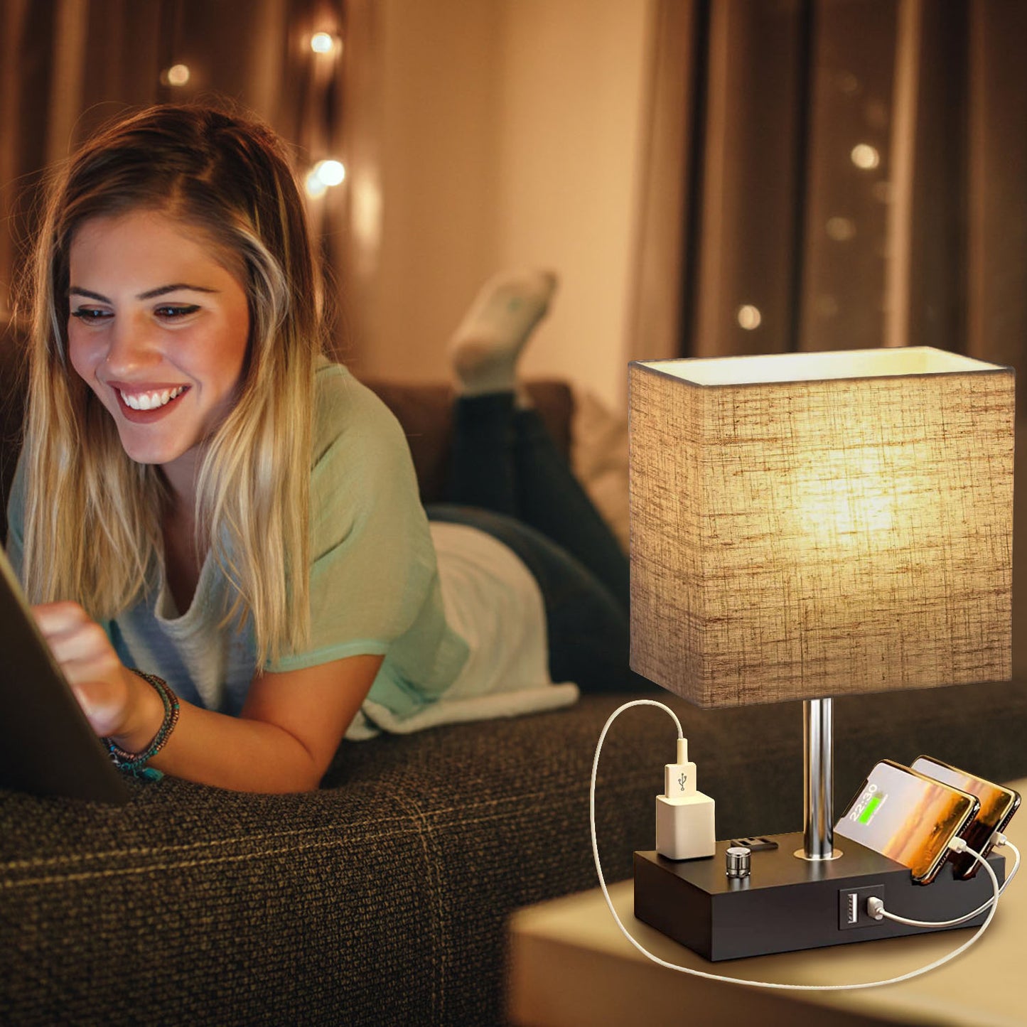 1Pc Fully Dimmable Table Lamp For Bedroom Living Room Bedside Lamp For Nightstand Dual USB Ports 2 Power Outlets LED Bulb Included