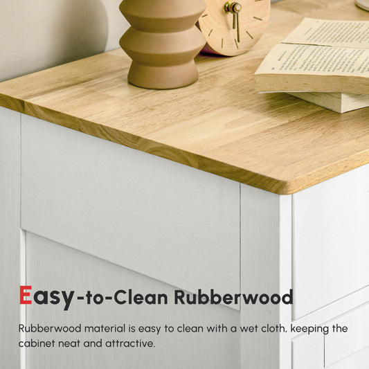 Kitchen Storage Cabinet, Sideboard Floor Cupboard With Solid Wood Top, Adjustable Shelf, And 2 Drawers, Distressed White