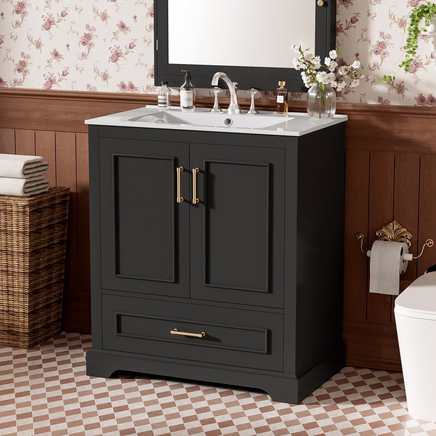 30  Bathroom Vanity With Sink, MDF And Solid Wood Frame, 1 Divider Drawer And 2 Soft-close Doors  Double Shelf On Door , Freestanding Vanity