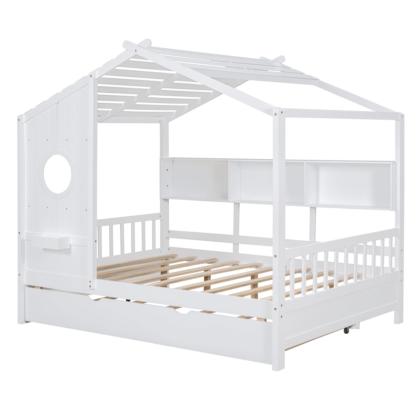 Wooden Full Size House Bed With Trundle, Modern Design For Kids With Storage Shlef, White Old SKU HL000095AAW
