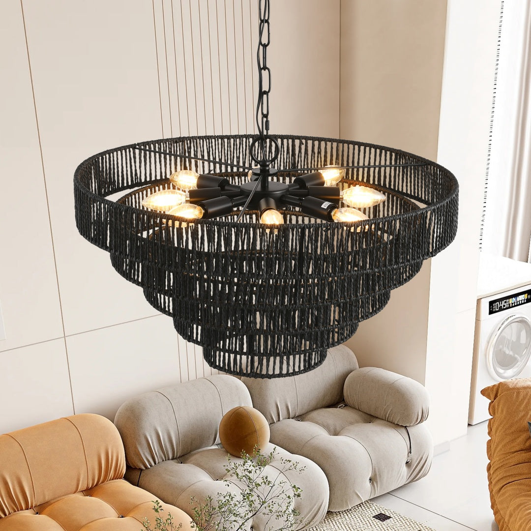 24 Rustic 5-Tier Black Hemp Rope Pendant Light Chandelier With 8 E12 Sockets, Boho Farmhouse Ceiling Fixture For Dining Room, Kitchen, Or Entryway  Bulb Not Included