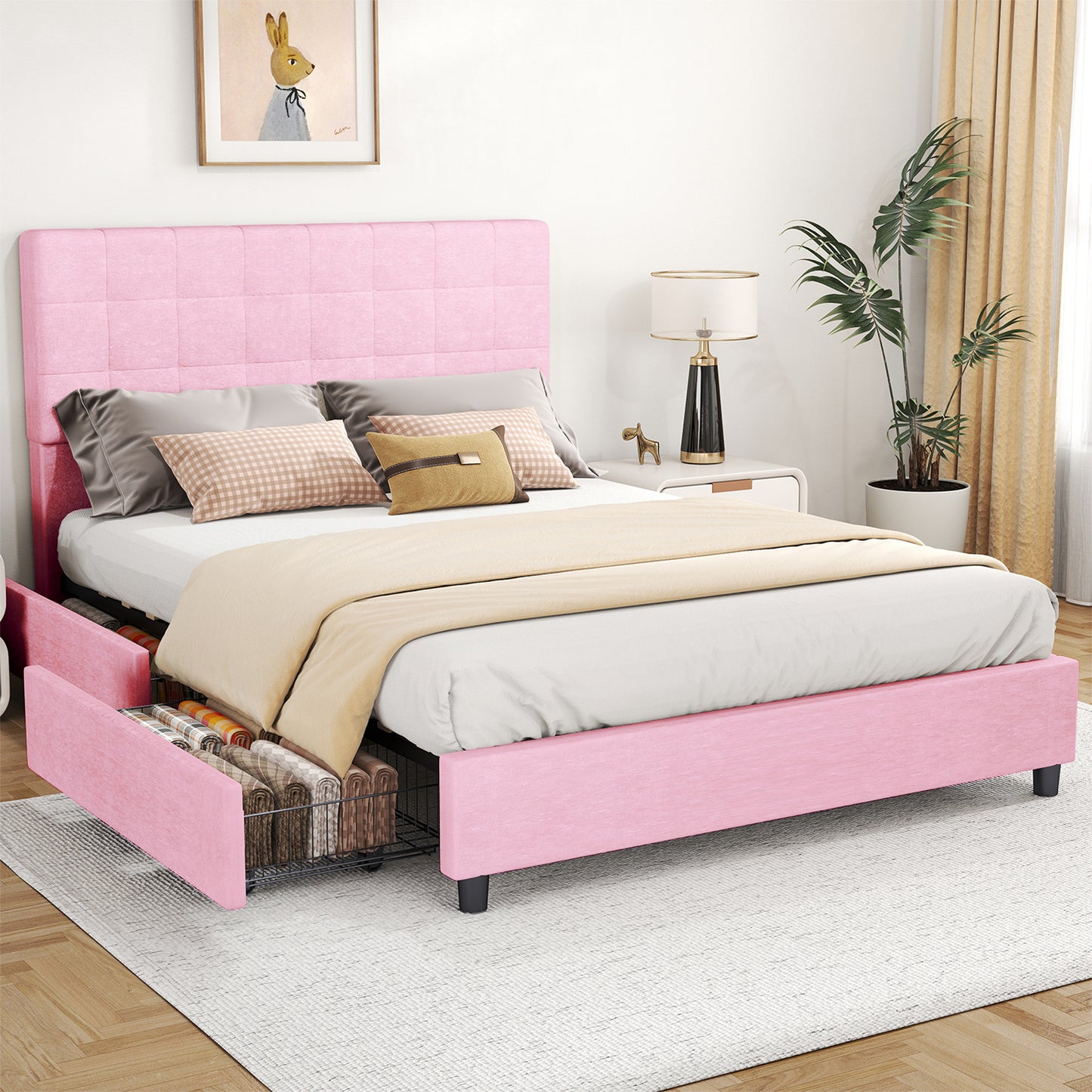 Full Bed Frame Upholstered Vertical Channel Headboard Bed Frame With 4 Storage Drawers Wood Slats No Box Spring Needed Easy Assembly For Bedroom