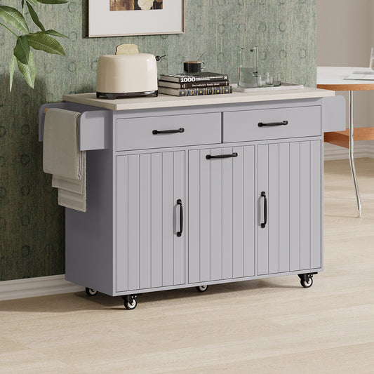 K&K Kitchen Island With Trash Can Storage Cabinet, Kitchen Cart With Drop Leaf, Spice Rack, Towel Rack And Drawer, Rolling Kitchen Island On Wheels With Adjustable Shelf, Grey