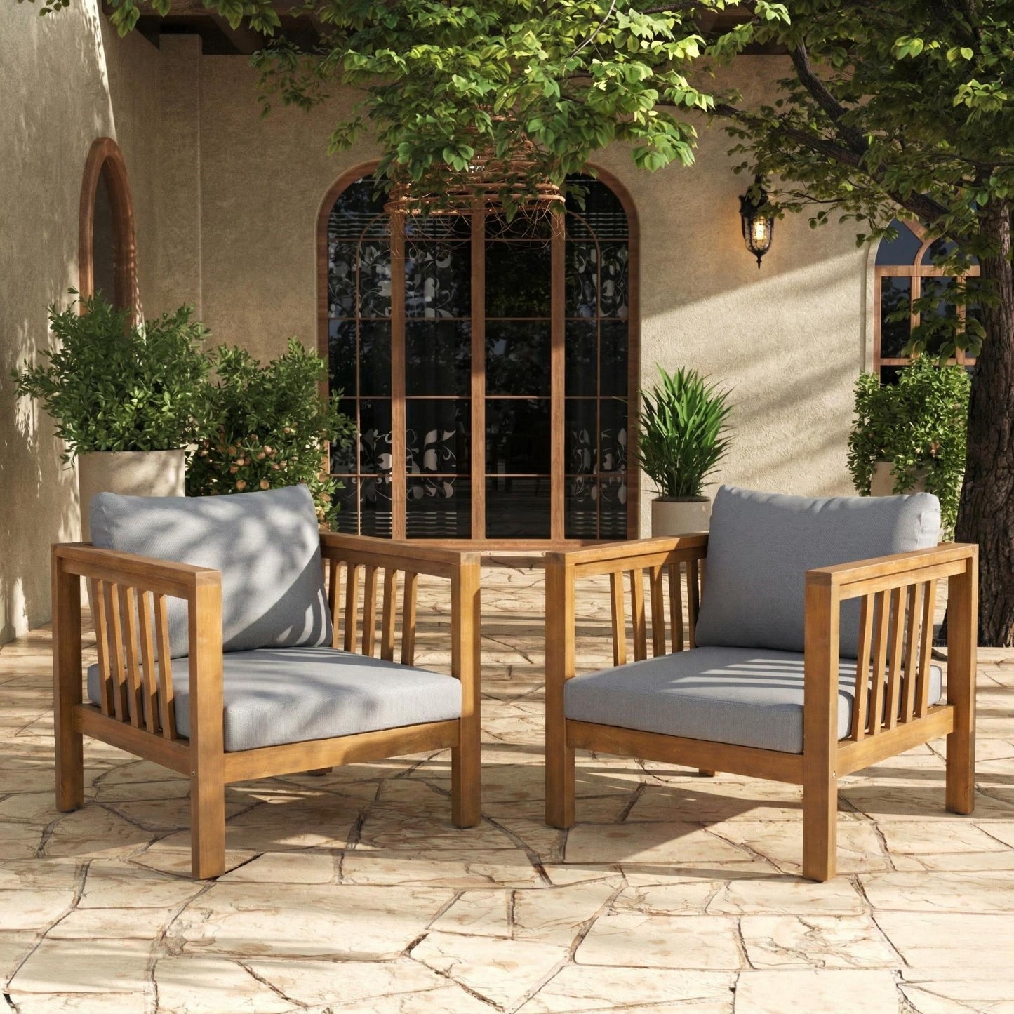 Set Of 2 Outdoor Acacia Wood Club Chairs With Modern Square Arms, 2-Piece Patio Conversation Set With Thick Cushions, Adjustable Leveling Feet For Poolside,  Deck, Grey Cushions