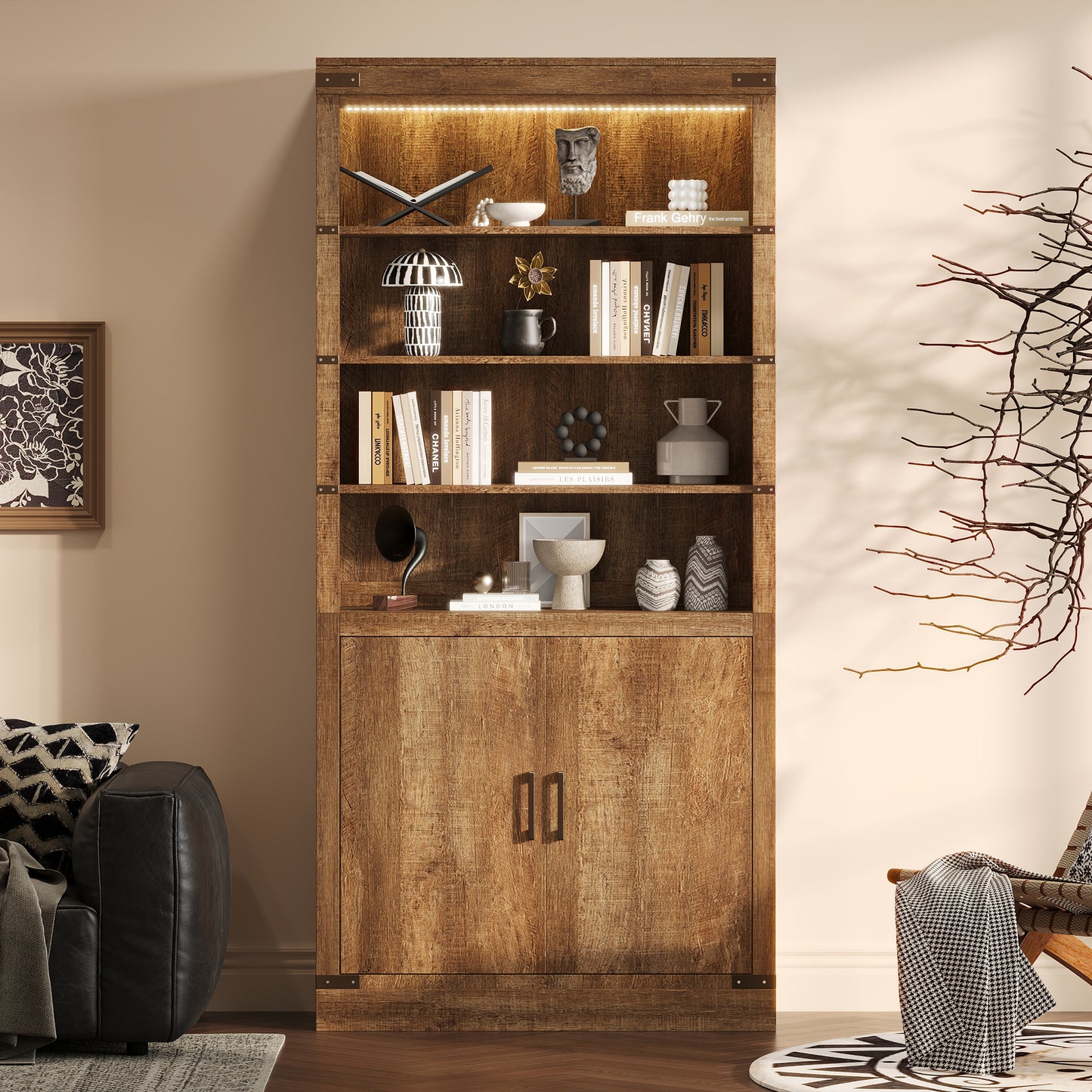 83.4Tall Modern Bookshelf With Doors, Farmhouse Bookcase With 3-Tier Adjustable Shelves, Display Shelves With LED Light,Large Storage Cabinet For Living Room,Home Office, Walnut
