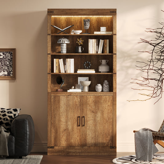 83.4Tall Modern Bookshelf With Doors, Farmhouse Bookcase With 3-Tier Adjustable Shelves, Display Shelves With LED Light,Large Storage Cabinet For Living Room,Home Office, Walnut