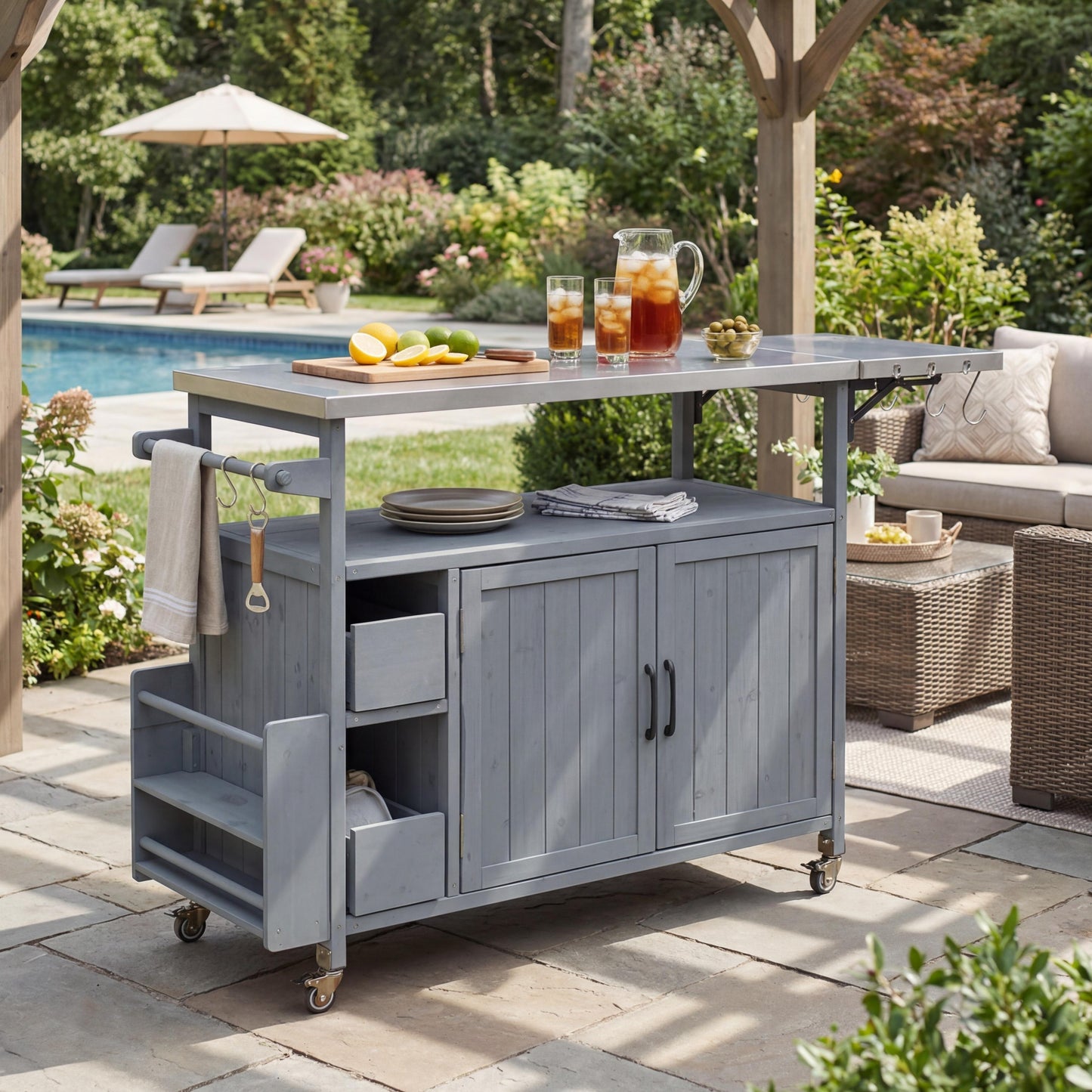 54.33  Farmhouse Rolling Outdoor Kitchen Cart, Solid Wood Frame With Stainless Steel Top, Spice Rack, Towel Rack, Lockable Wheels & Multi-Functional Storage For Patio,  BBQ & Kitchen