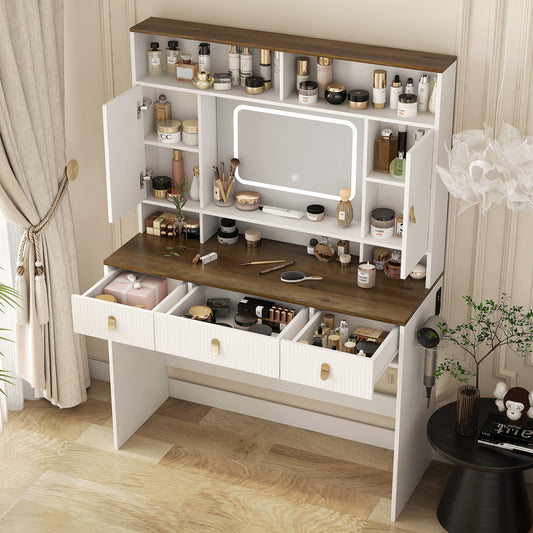 Farmhouse Dressing Table Makeup Table, 43  Wide Dressing Table With Lighted Mirror And Makeup Drawer, Large Modern Dressing Table Set With Hair Dryer Holder For Bedroom, White
