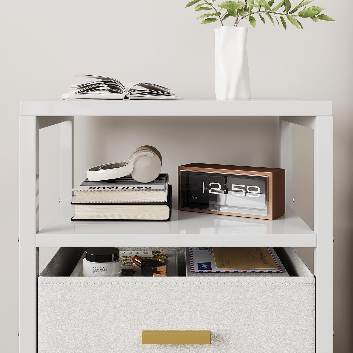 Bedside End Table Particle Board Modern Nightstand With 2 Fabric Drawers For Bedroom Living Room White
