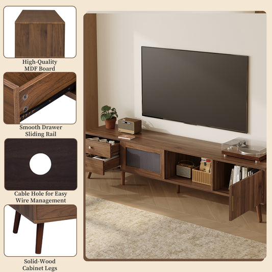 76   Modern Minimal Glass-Doors TV Stand For TVs Up To 85 Inches, Wood-Grain Entertainment Center With Storage Cabinets, TV Media Console Table For Living Room, Bedroom