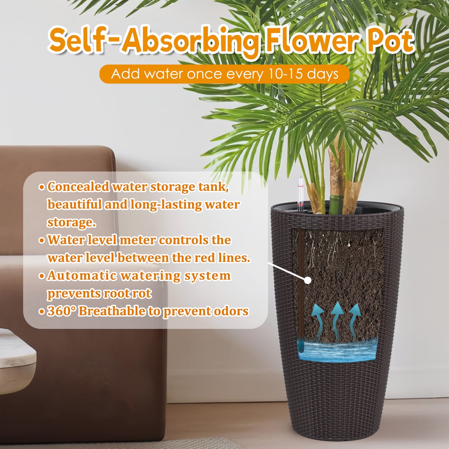 Set Of 2 Faux Rattan Tall Planters Outdoor Indoor Large Planters With Water Level Monitor Inner Bucket, Automatic Watering, Flower Plant Pots For Garden, Patio, Porch,  Brown, 22 Inch