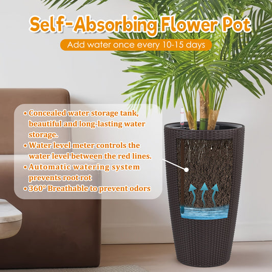 Set Of 2 Faux Rattan Tall Planters Outdoor Indoor Large Planters With Water Level Monitor Inner Bucket, Automatic Watering, Flower Plant Pots For Garden, Patio, Porch,  Brown, 22 Inch