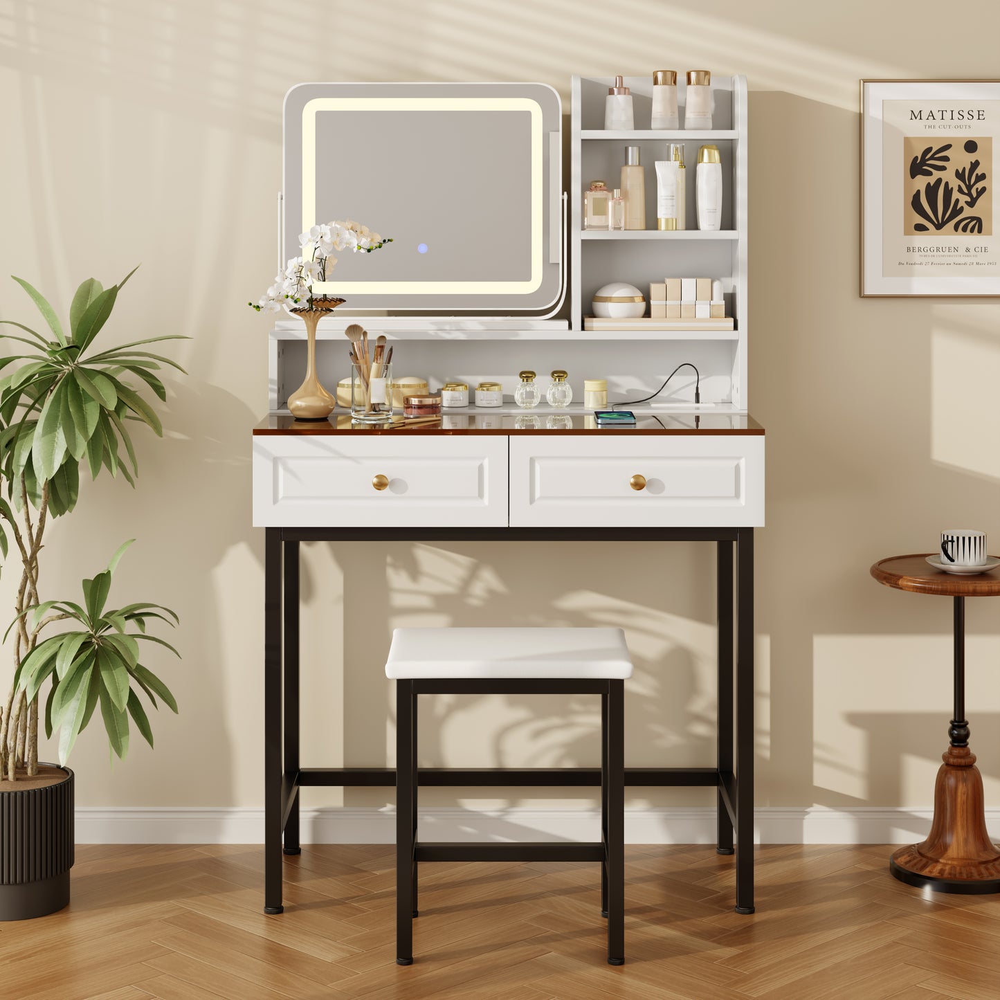 Makeup Vanity With LED Lighted Mirror,  360 Rotatable Mirror, Vanity Desk With 2 Drawers,Power Outlet And 3-Tier Shelves, Amber Glass Table Top, Dressing Table With Sturdy Metal Leg And  Stool, White