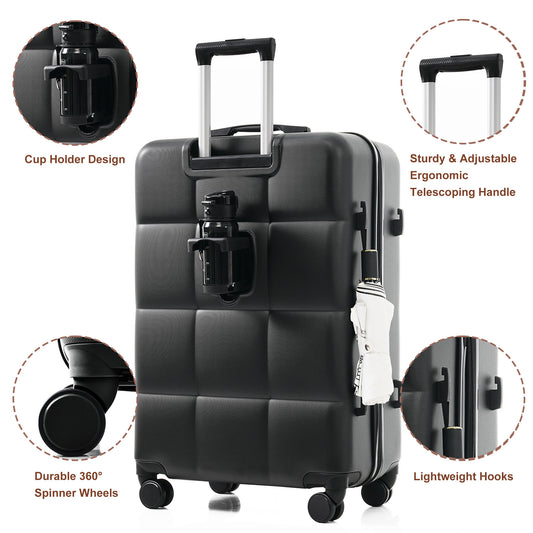 Luggage Sets 4 Piece,  ABS Durable Suitcase With Travel Bag,  Cup Holder, ABS Hard Shell Luggage With Spinner Wheels, Black And Brown