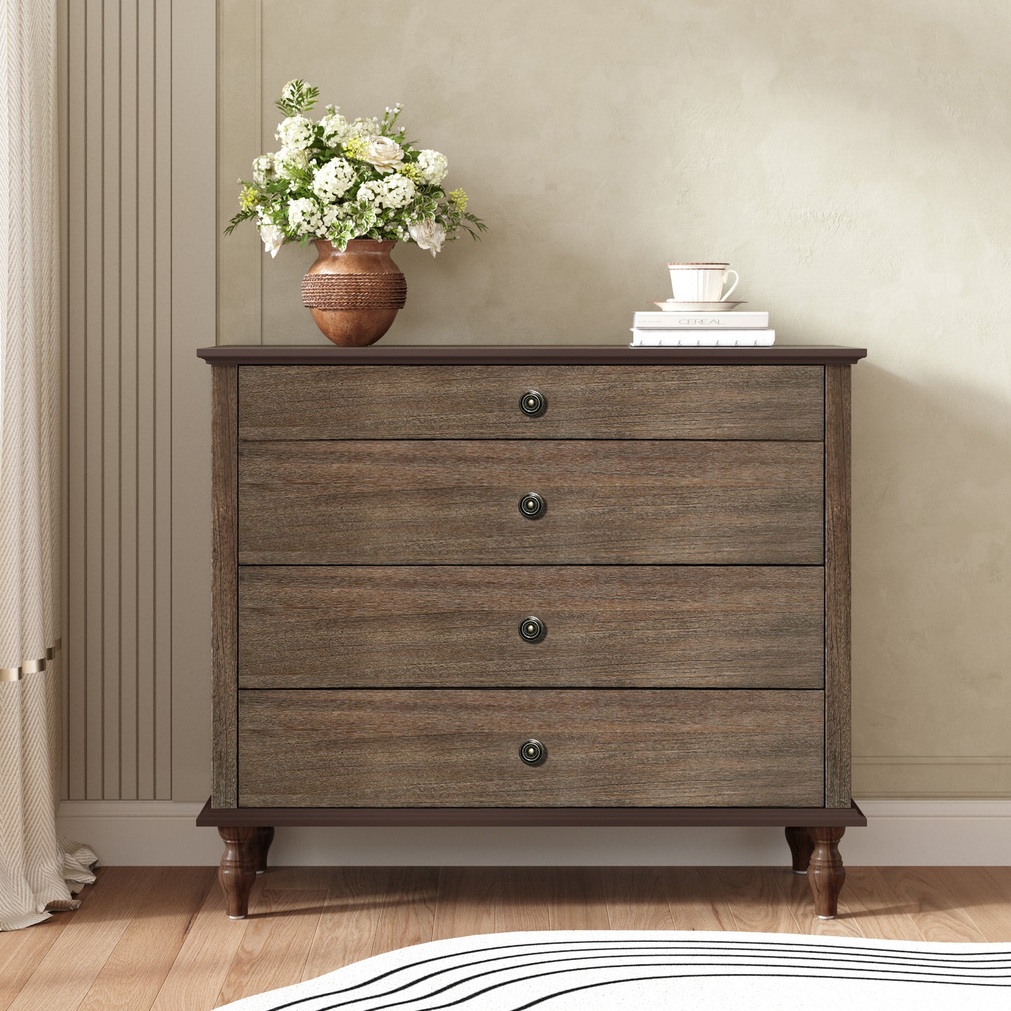 Large 4-Drawer Chest With Solid Wood Foot, Dresser With Brushed Deep Brown Finish & Metal Drawer Knobs, Antique Design For Bedroom & Nursery