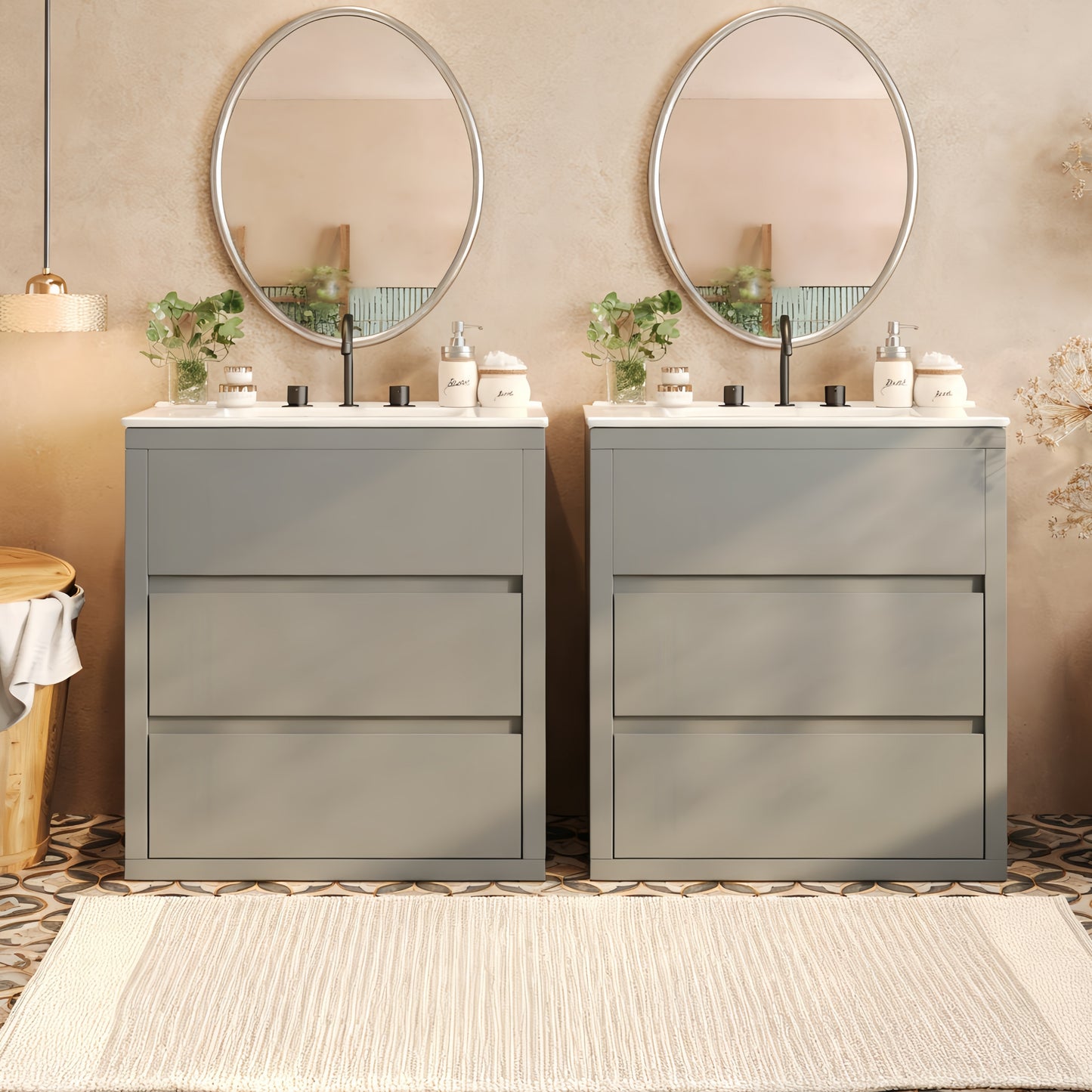 60  Double Sinks Bathroom Vanity Set, Bathroom Cabinet With Two Separate Ceramic Sinks, Full-Extension Drawers & Soft Close Undermount Drawer Slides, Gray