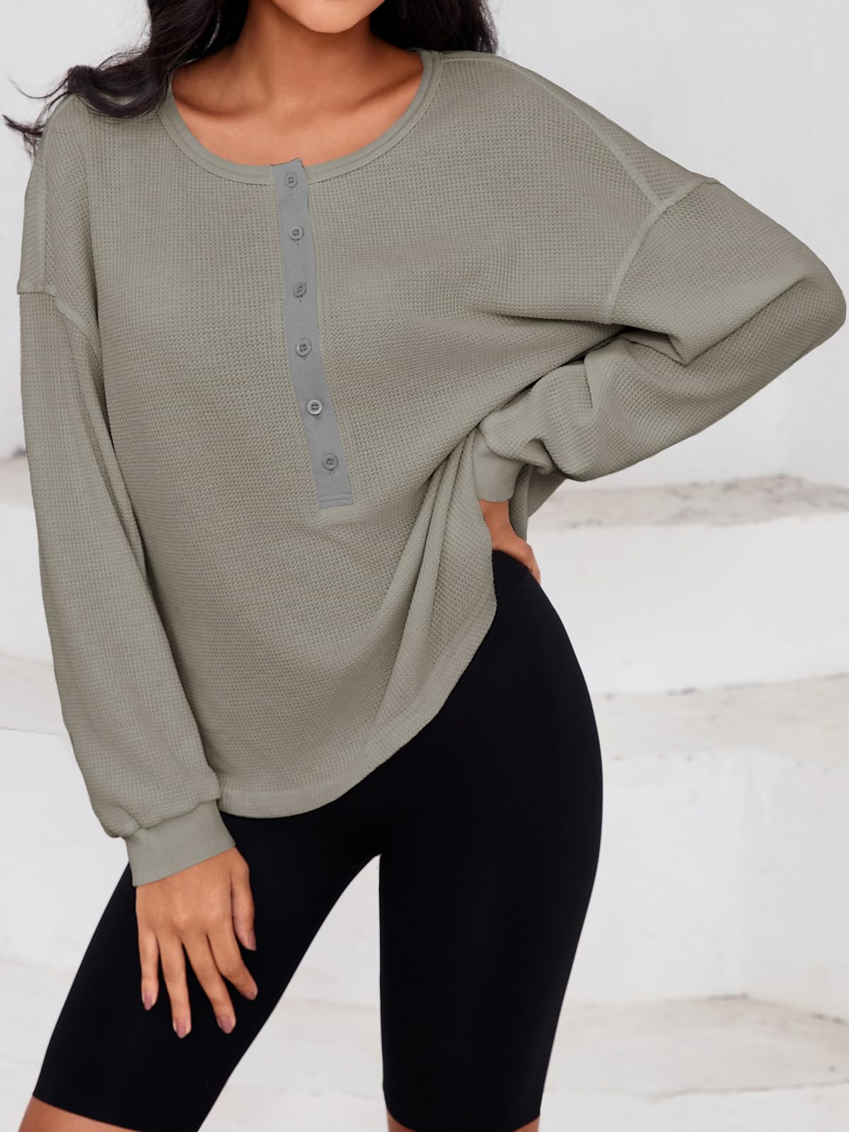 Fisoew Womens Cropped Sweatshirt Casual Waffle Knit Button V Neck Long Sleeve Loose Fit Fall Crop Tops