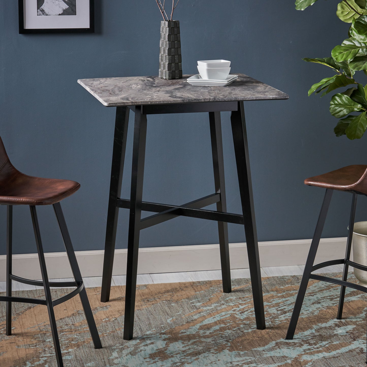 Modern Bar Height 42 Dining Table, Rubberwood Legs And Laminate Table Top, Paladina Marble Finish, Black
