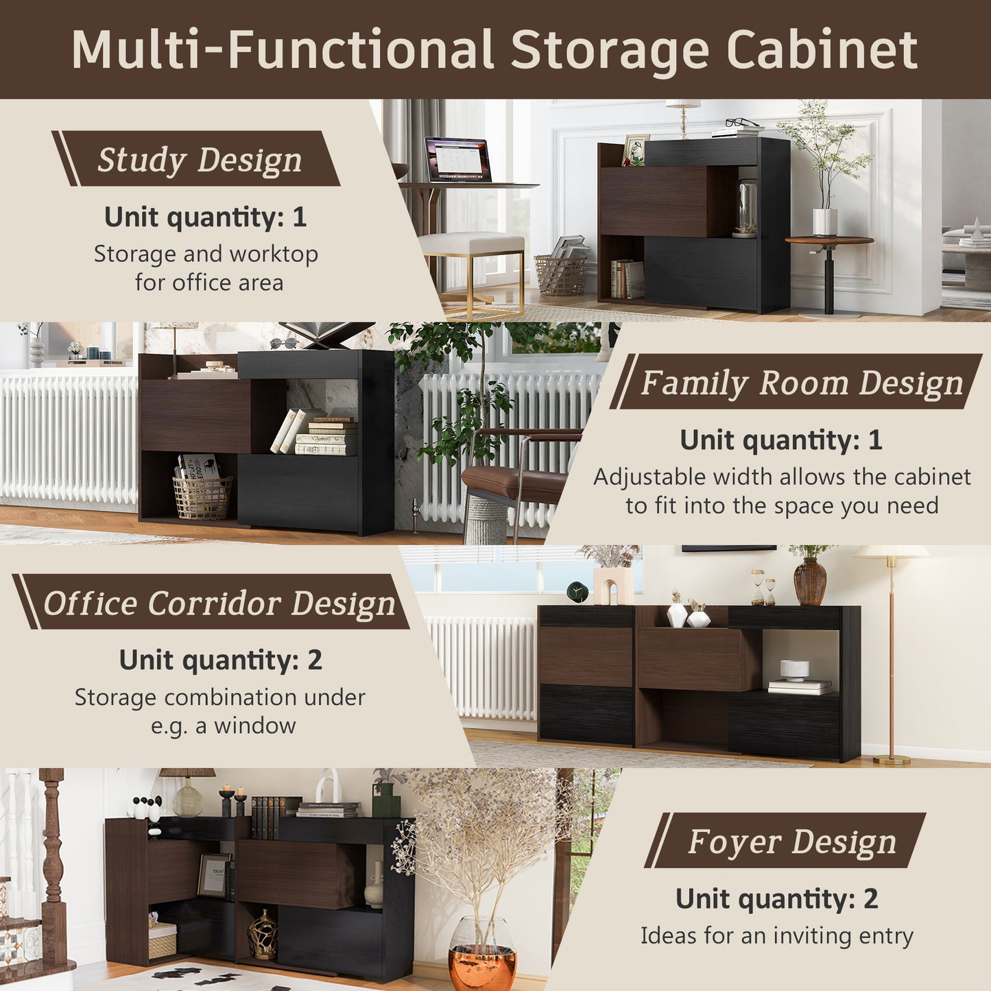 32.5 -58.8 W 40 H Multifuctional Storage Cabinet, Buffet Sideboard Cabinet With Drawer, Corner Cabinet For 44 H Window Decor, Livingroom, Hallway, Entryway, Kitchen & Office  - Black & Walnut
