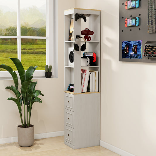73  Tall Slim Storage Cabinet, 3-Tier Media Storage Cabinet With 3 Drawers And 2 Hooks, Bookcase Display Storage Shelves, Cube CD, DVD, Game Console Storage Cabinet-Antique White