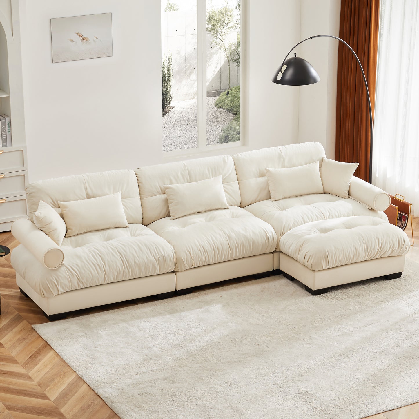 Super Comfort Oversized Modular Velvet Sectional Sofa Couch With Movable Ottoman,Corner Sectional With Bolstered Armrests, Deep Seat Cloud Couch, Convertible L Shaped Couch For Living Room Cream