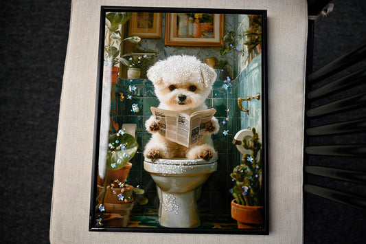 Framed Bathroom Decor, Cute Puppy Wall Art In Picture Frame, Funny Bathroom Wall Art Signs, 3D Canvas Print Ready To Hang  Framed,12  X16