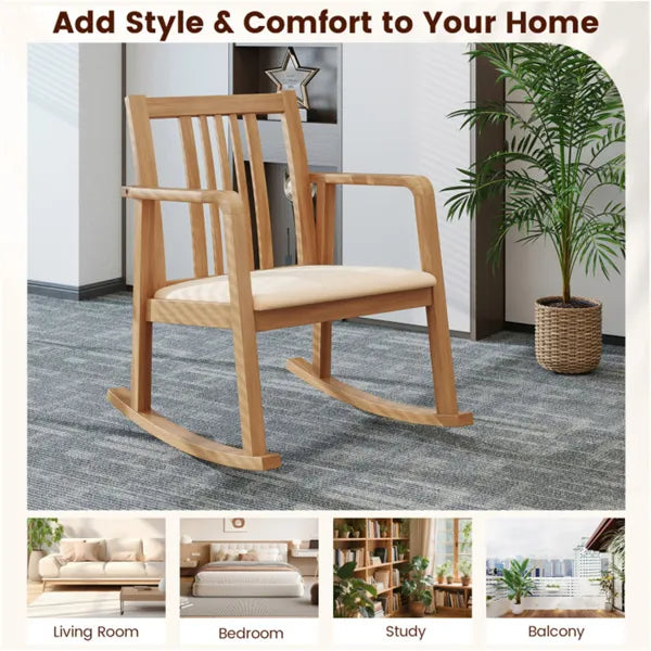 Solid Rubber Wood Rocking Chair, 400 LBS Weight Capacity Indoor Lounge Chair With Linen Cushion-Natural