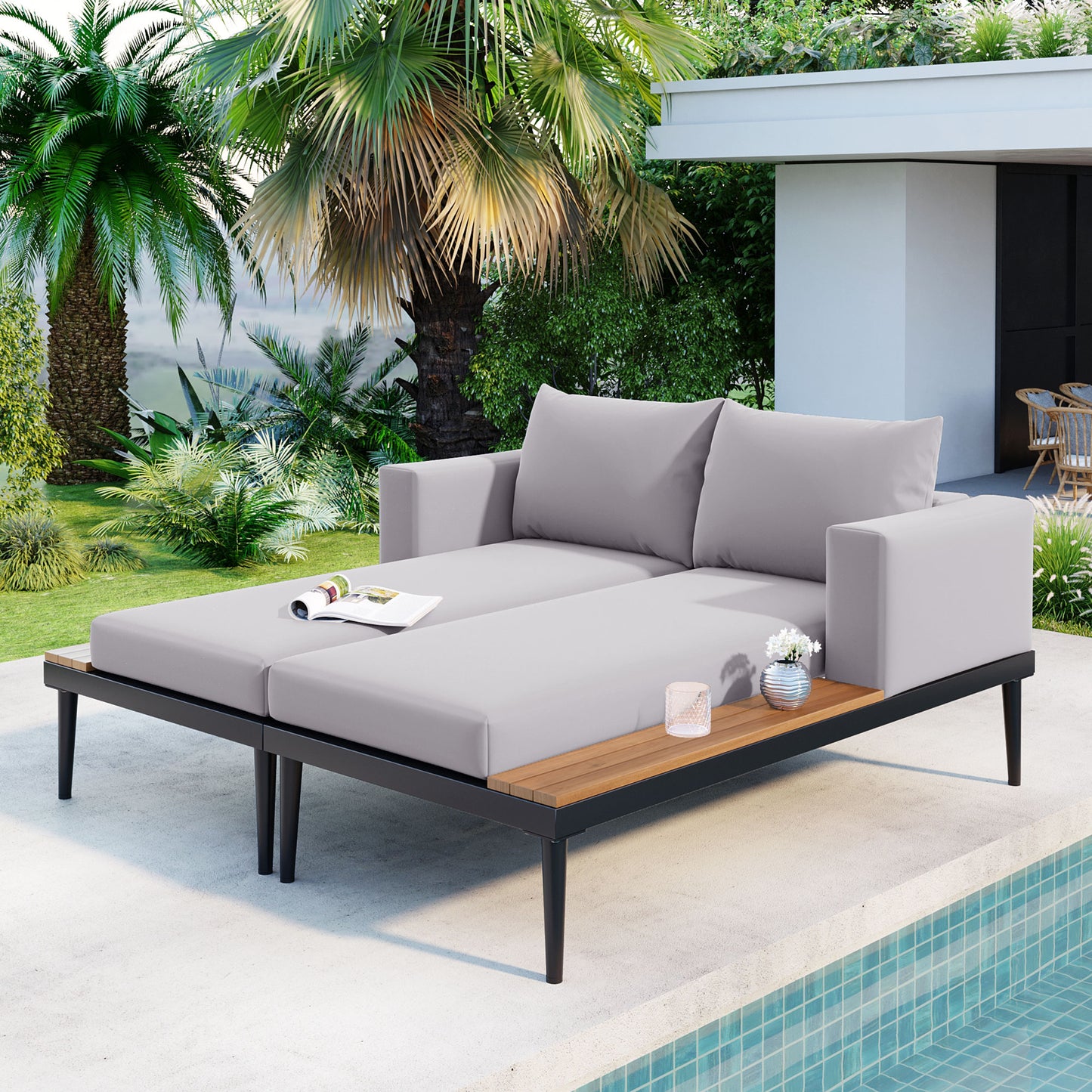 TOPMAx Modern Outdoor Daybed Patio Metal Daybed With Wood Topped Side Spaces For Drinks  2 In 1 Padded Chaise Lounges For Poolside  Balcony  Deck  Gray
