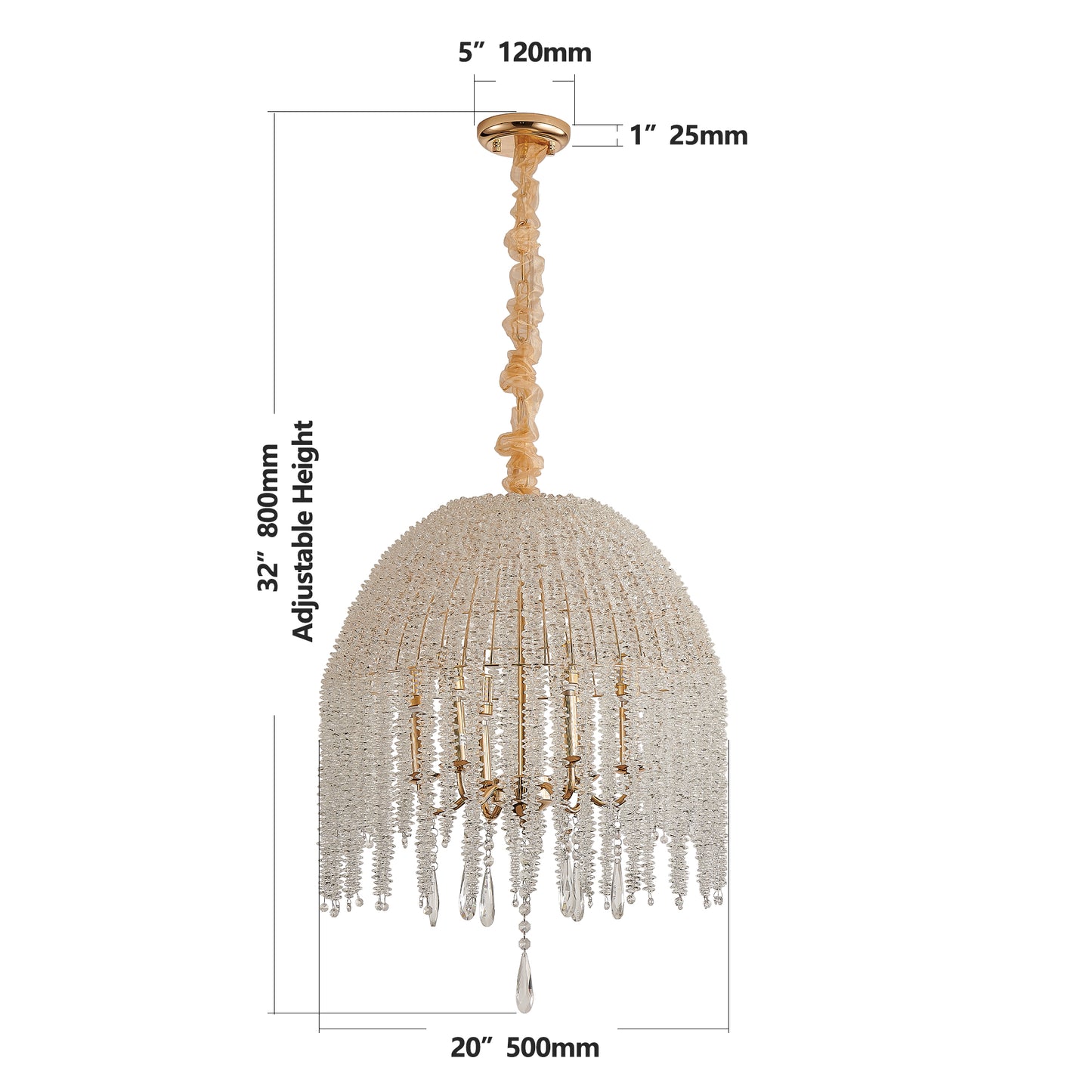 20 Inch 6 Light K9 Crystal Pendant Light Chandelier  Elegant Waterfall Design With Cascading Crystal Bead Strings And Gold Finish For Living Room, Bedroom, Or Dining Area Bulb Not Included