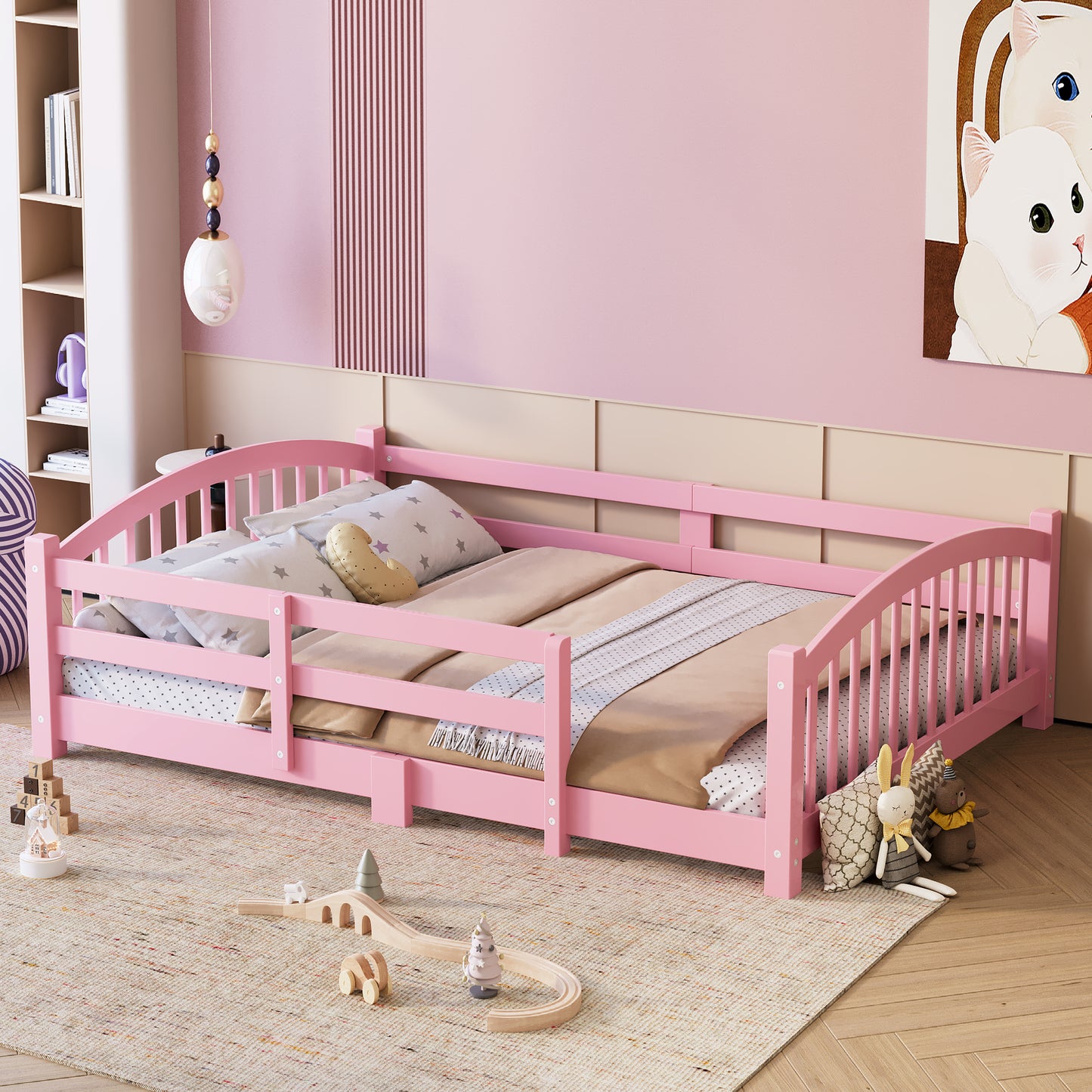 Full Montessori Floor Bed With Slats And Safety Guardrails, Solid Wood Floor Bed With Fence And Without Door, Easy Assemble Montessori Bed For Girls And Boys, Pink