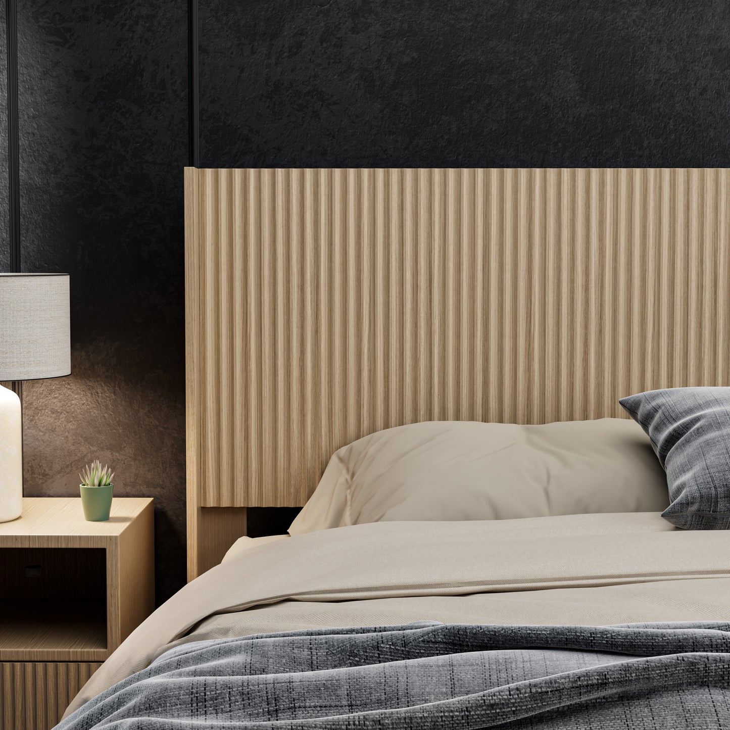 Modern Farmhouse Wood Headboard King Size 80.2 In Wide Wall Mounted Fluted Panel Wingback - Natural Oak