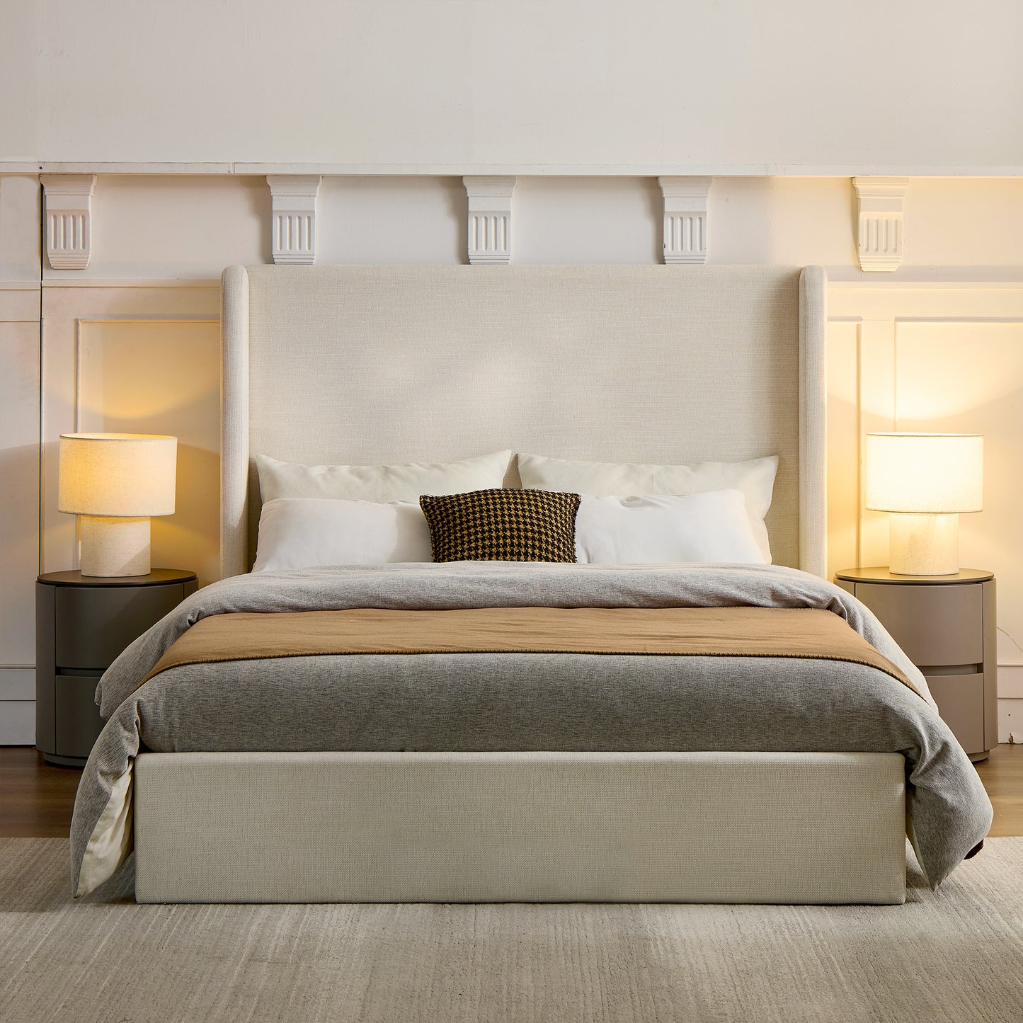 Carmen Upholstered Wingback Bed   Upholstered Platform Bed Frame   52  High Headboard   Simplicity   Minimalist   No Box Spring Needed     California King   Textured Ivory Canvas   No Noise