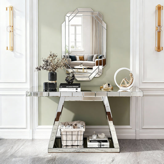 55.9 Modern Luxe Full-Body Mirror Entryway Table With Trapezoid Base -360 Reflective Console Table, Sturdy Wooden Frame, Scratch-Resistant Design & Open Storage For Hallway, Living Room, Staircase