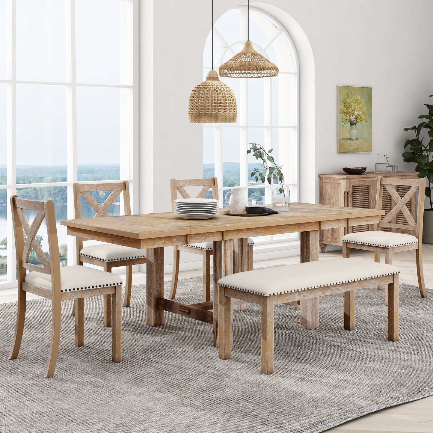 TOPMAx Farmhouse 82inch 6- Piece Extendable Dining Table With Footrest  4 Upholstered Dining Chairs And Dining Bench  Two 11 Removable Leaf  Natural Beige Cushion
