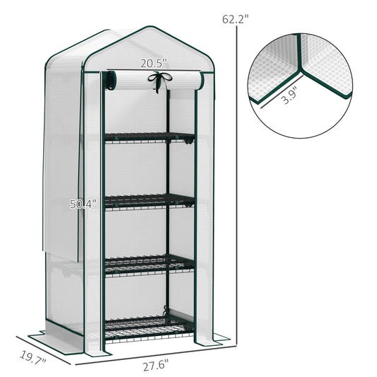 Mini Greenhouse With Screen Roof, 4 Tier Portable Small Greenhouse With High Strength PE Cover, White